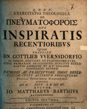 Exercitatio theol. de pneumatophorois sive inspiratis recentioribus