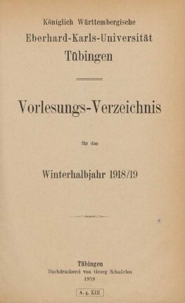Vorlesungsverzeichnis 1918/19
