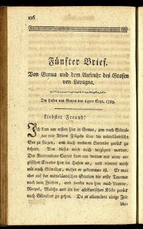 Fünfter Brief. Von Genua und dem Aufruhr des Grafen von Lavagna.