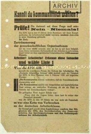 Flugblatt der SPD gegen die KPD und Wahlaufruf