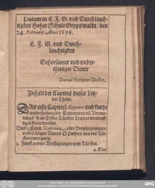 Inhalt der Capittel dieses Letzten Theils.