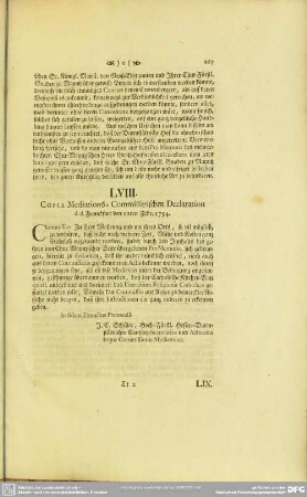 LVIII. Copia Mediations-Comnissarischen Declaration d.d. Franckfurt den 12ten Febr. 1754