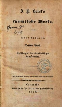 J. P. Hebels sämmtliche Werke, 3. Erzählungen des rheinländischen Hausfreundes