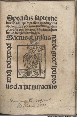 Speculum sapientiae : beati Cirilli episcopi alias quadrip[ar]titus apologeticus vocatus ...
