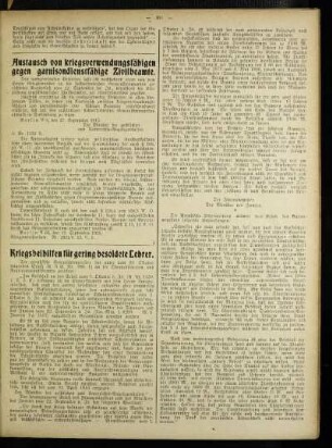 Kriegsbeihilfen für gering besoldete Lehrer