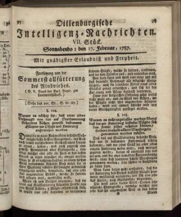 VII. Stück. Sonnabends: den 17. Februar, 1787.