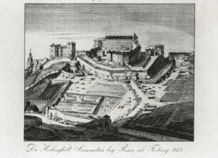 Die Heilanstalt Sonnenstein bey Pirna als Festung 1813 : Die Heilanstalt Sonnenstein bey Pirna als Festung 1813 (unbekannter Meister; Stich; 14,6 x 18,2 cm; Festung Königstein)