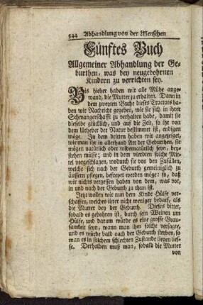 Fünftes Buch Allgemeiner Abhandlung der Geburthen, was bey neugebohrnen Kindern zu verrichten sey.