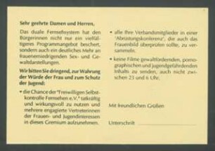 Sehr geehrte Damen und Herren, Das duale Fernsehsystem hat den Bürgerinnen nicht nur (...) : (Teil einer Serie von 4 Prostestaktions-Postkarten)