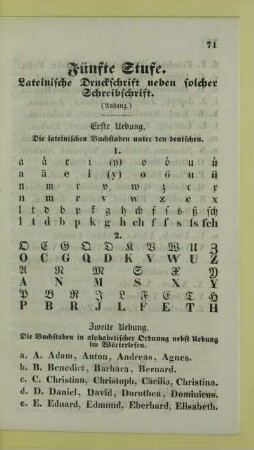 Fünfte Stufe. Lateinische Druckschrift neben solcher Schreibschrift