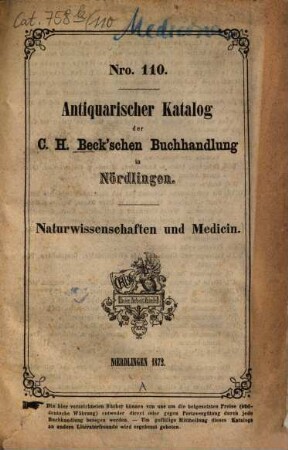 Antiquarischer Katalog der C. H. Beck'schen Buchhandlung in Nördlingen, 110. 1872