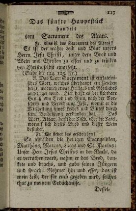 Das fünfte Hauptstück handelt vom Sacrament des Altars.