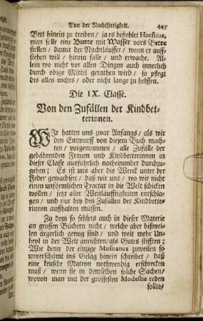 Die IX. Classe. Von den Zufällen der Kindbetterinnen.