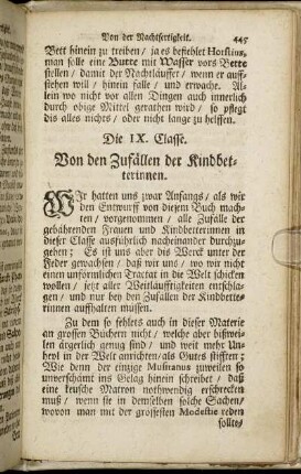 Die IX. Classe. Von den Zufällen der Kindbetterinnen.