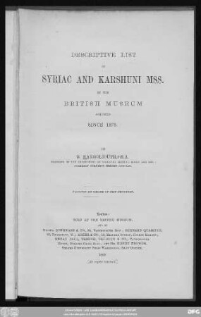 Descriptive list of Syriac and Karshuni manuscripts in the British Museum acquired since 1873