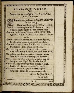 Epicedia In Obitum ... Iohannis Bachmanni