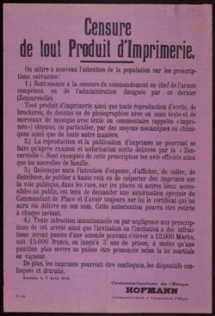 "Censure de tout Produit d'Imprimerie" (Regelungen über die Zensur von Drucksachen) (No. 216)