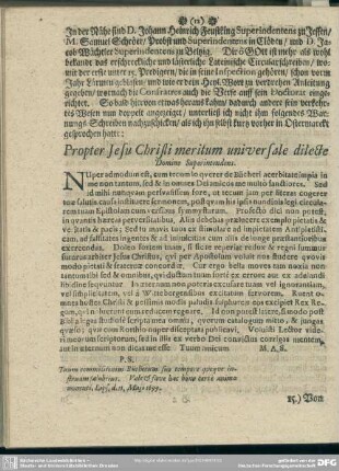 Propter Jesu Christi meritum universale dilecte Domine Superintendens