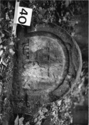 Grabstein 40 (Index: 99804126) Material: Sandstein Zustand: eingesunk/verwitt/fast völl. Textverlust Maße HxBxT: 41x70x14 cm Beschreibung: Stele mit eingezogenem Rundbogen und Inschriftenfeld Symbolik: Stern oder Blume: Grabstein 40
