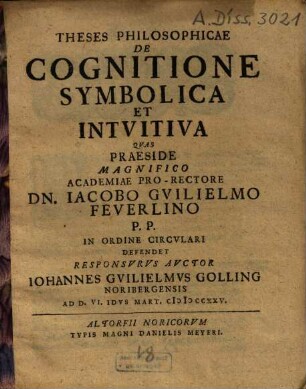 Theses Philosophicae De Cognitione Symbolica Et Intvitiva [Intuitiva]