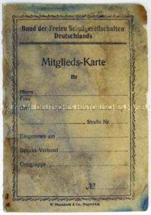 Mitgliedskarte des Bundes der Freien Schulgesellschaften, mit Beitragsmarken, aber ohne Personalangaben