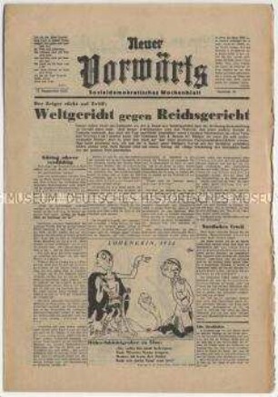 Exilausgabe der SPD-Organs "Vorwärts" u.a. über den bevorstehenden Reichstagsbrandprozess