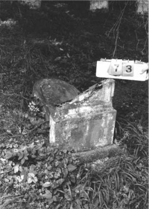 Grabstein 73 (Index: 100106511) Material: Sandstein Zustand: stark verwittert, weitgehender Textverlust, Stele zerbrochen Beschreibung: Stele mit Runbogenabschluß, Schriftfeld eingetieft, Sockel: Grabstein 73