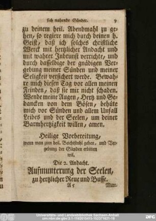 Die 2. Andacht. Aufmunterung der Seelen, zu hertzlicher Reue und Busse.