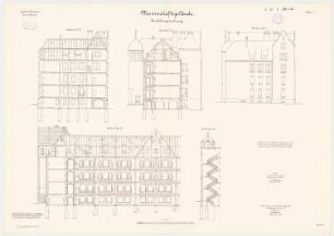 Pionierkaserne, Graudenz Mannschaftsunterkünfte (I und II): Aufriss Westansicht, Längsschnitt, Querschnitte 1:100