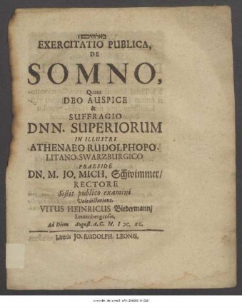 Exercitatio Publica, De Somno