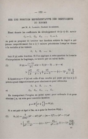 SUR UNE FONCTION REPRÉSENTATIVE DES COEFFICIENTS DU BINOME.