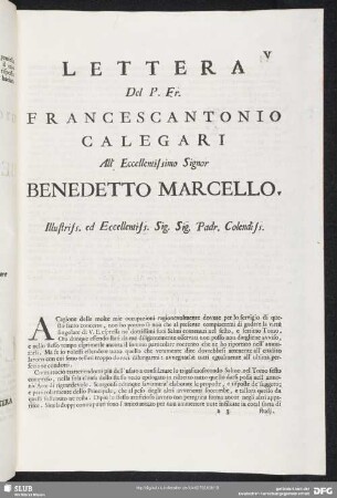 Lettera Francescantonio Calegari - Benedetto Marcello