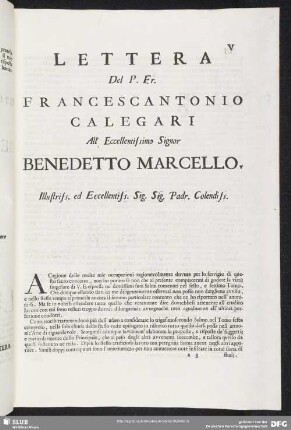 Lettera Francescantonio Calegari - Benedetto Marcello