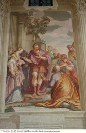 Freskendekoration mit mythologischem Zyklus, Scheinarchitektur mit Szenen aus der römischen Geschichte zwischen fingierten Skulpturen, Reliefs und Gefangenen mit Trophäen, Die Mäßigkeit des Scipio Africanus