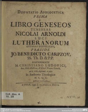 1: È libro Geneseos tenebras Nicolai Arnoldi luci Lutheranorum offusas dispellens