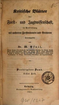 Kritische Blätter für Forst- und Jagdwissenschaft. 30. 1851