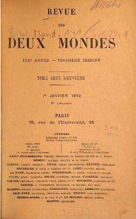 Revue des deux mondes : revue mensuelle fondée en 1829. 109 = A. 62. 1892