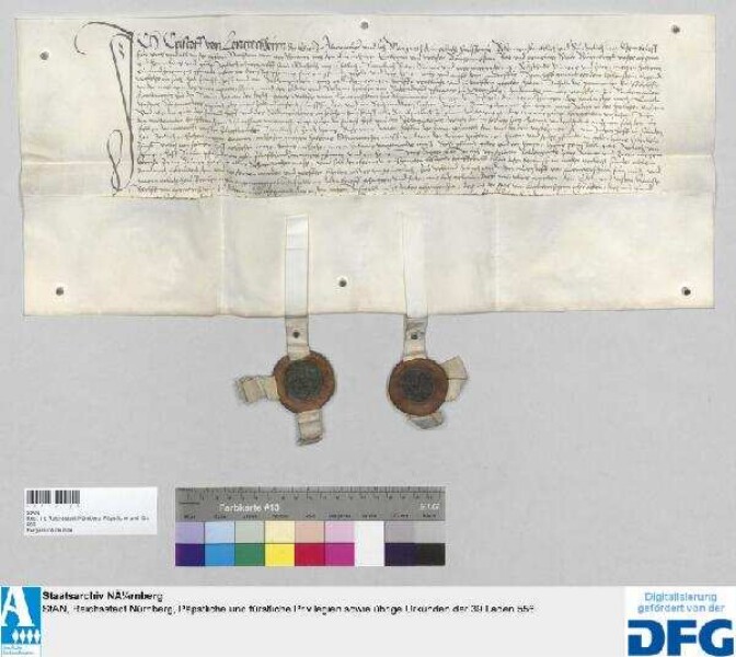 Cristoff von Lentterßheim der Ältere zu Altenmuer erläutert den Kaufbrief über das Dörflein Bernhoff bei Hohenstein vom 2. April 1536 für Bürgermeister und Rat der Stadt Nürnberg noch durch Aufführung der Reichnisse aus den Höfen und dem Seldengütlein, sowie ihrer derzeitigen Inhaber. - Siegler: der Aussteller und Wolff von Lenterßheim zu Altenmuer.