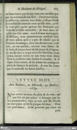 Lettre DLXIV. Aux Rochers, ce Mécredi, 13. Juillet, 1689