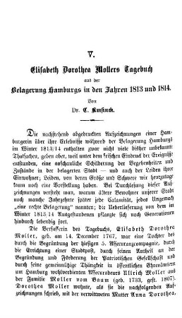 Elisabeth Dorothea Mollers Tagebuch aus der Belagerung Hamburgs in den Jahren 1813 und 1814.