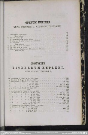 Operum Kepleri quae volumen II. continet dispositio