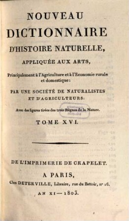 Nouveau dictionnaire d'histoire naturelle, appliquée aux arts, principalement à l'agriculture et à l'économie rurale et domestique : avec des figures tirées des trois règnes de la nature. 16, Obo - Pan