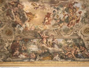 Triumph der Divina Providentia - Apotheose des Hauses Barberini und der päpstlichen Herrschaft Urbans VIII., Allegorien der politischen und geistlichen Autorität des Papsttums, Sapientia umana, assistiert von Keuschheit, Frömmigkeit und göttlicher Liebe, überwindet Lüsternheit und Trunkenheit