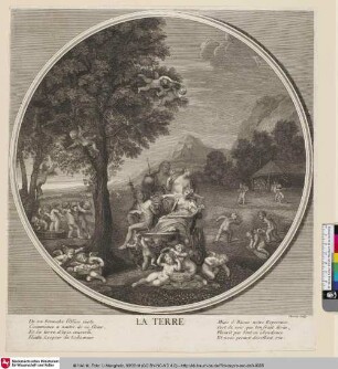 LA TERRE [Erde. Cybele und drei Jahreszeiten auf dem von Löwen gezogenen Wagen.]