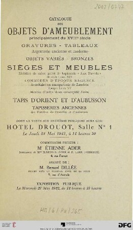 Catalogue des objets d'ameublement principalement du XVIIIe siècle : gravures, tableaux, argenterie ancienne et moderne, objets variés, bronzes, sièges et meubles ... ; Hotel Drouot, 28 mai 1942