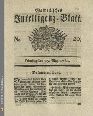 No. 20, Dienstag den 15. May 1781