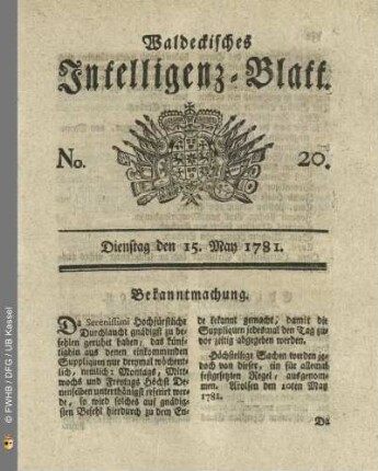 No. 20, Dienstag den 15. May 1781