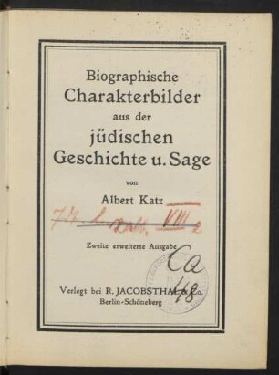 Biographische Charakterbilder aus der jüdischen Geschichte und Sage