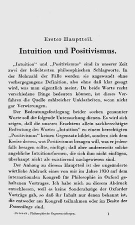 Intuition und Positivismus (Erster Hauptteil)