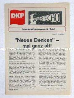 Zeitung der DKP für die Beschäftigten der Deckel AG München u.a. zu innerbetrieblichen Fragen, über Abrüstung, Umweltschutz und zur Europawahl